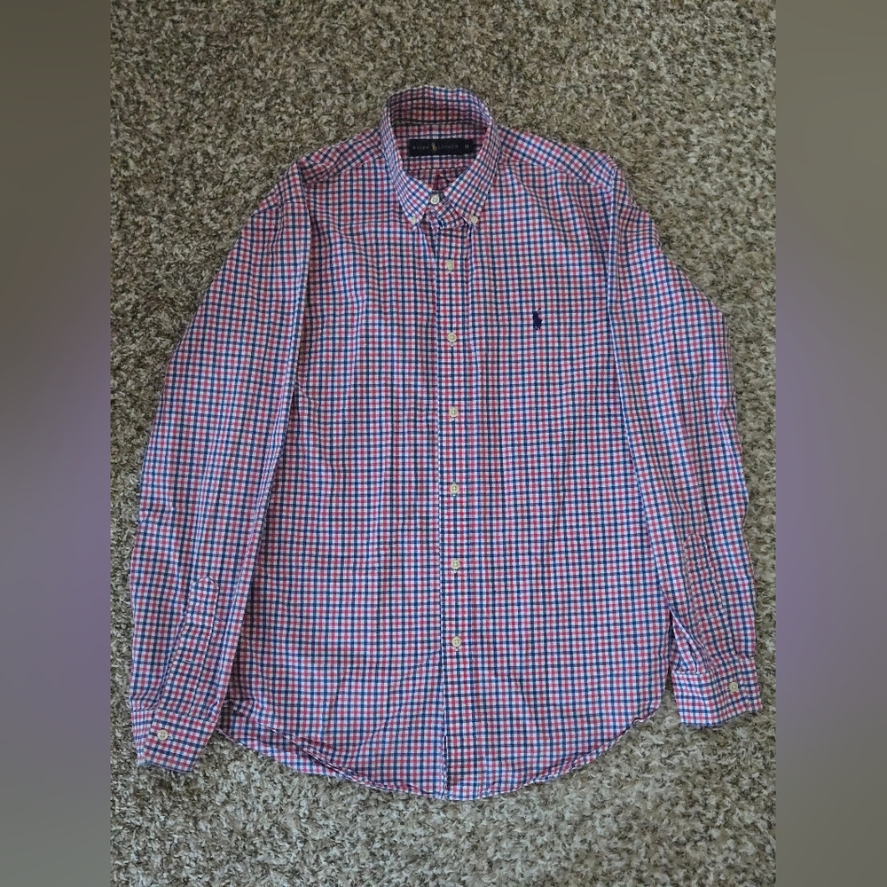 Polo by Ralph Lauren Red, White, And Blue Plaid Casual Botton Long Sleeve Shirt